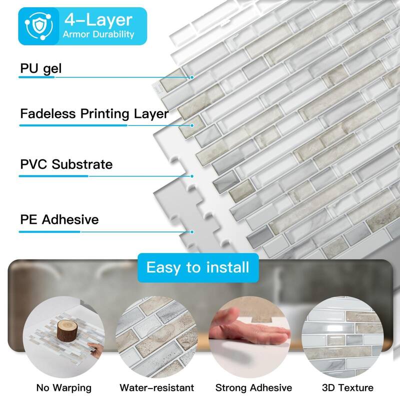Art3d 10pcs Peel and Stick Backsplash Thickened Tiles, 12''x12'', Cover 10 Sq.Ft. - 11.8"x11.8"