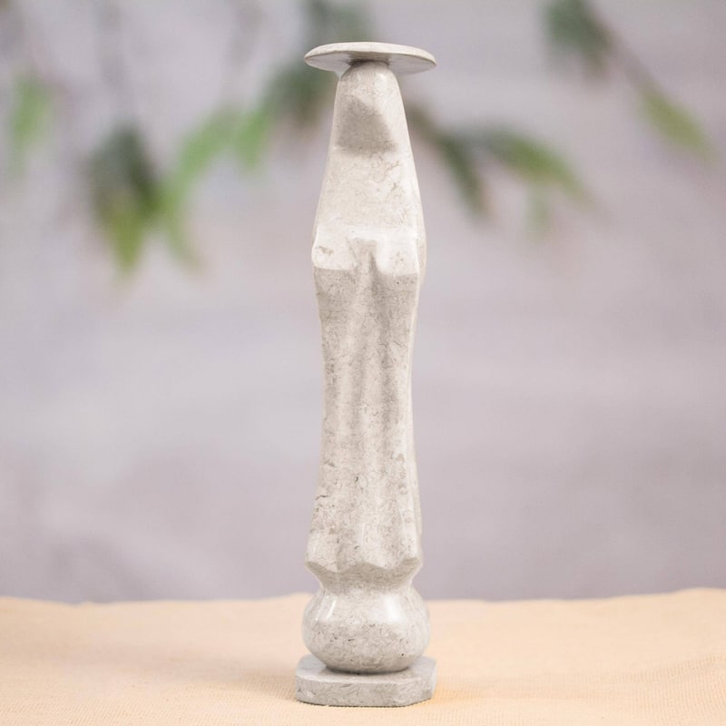 Handmade Holy Madonna In White Marble Statuette (Mexico) - 10.5" H x 2.2" W x 2.1" D