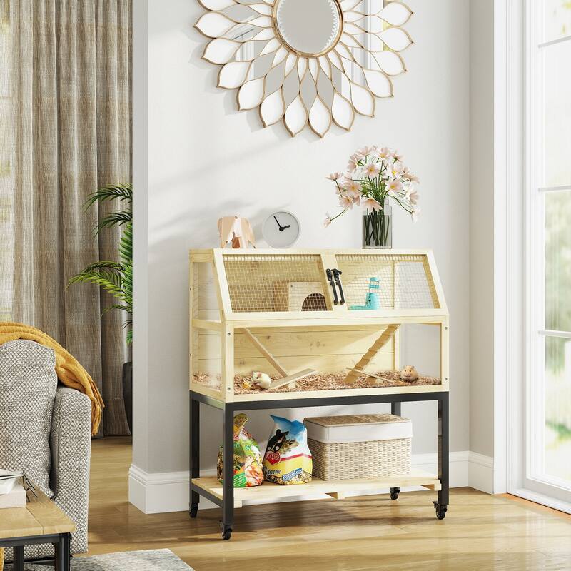 Wooden Hamster Cage with Wheels, Storage Shelf and Accessories - 34.3" W x 16.9" D x 39.8" H - Natural