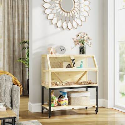 Wooden Hamster Cage with Wheels, Storage Shelf and Accessories - 34.3" W x 16.9" D x 39.8" H