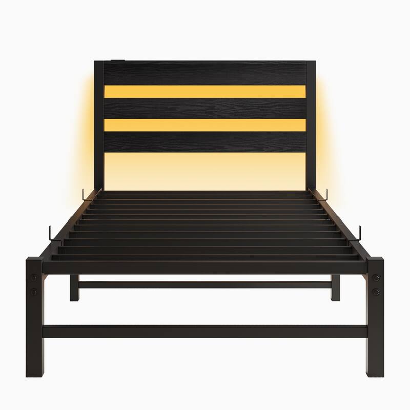 Twin Size LED Platform Bed with USB Charging Station and Steel Slats