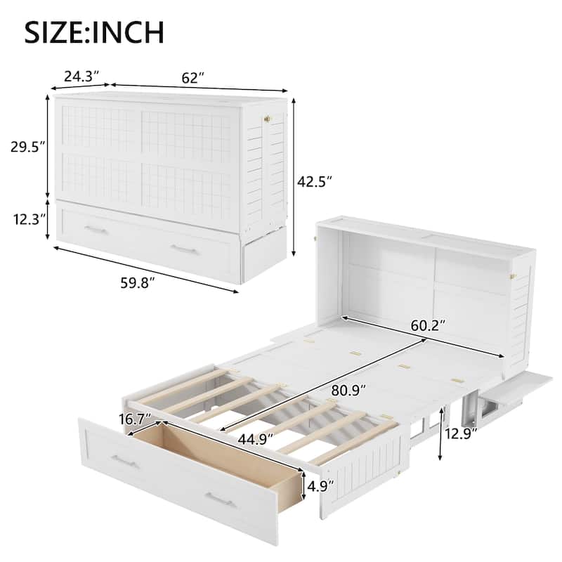Queen Size Mobile Murphy Bed with A Big Storage Drawer, Solid Pinewood Murphy Cabinet Bed with Little Shelves on Each Side