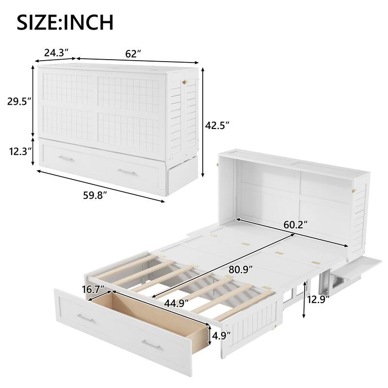 Queen Size Mobile Murphy Bed with Storage Drawer and Side Shelves, Foldable White Platform Bed