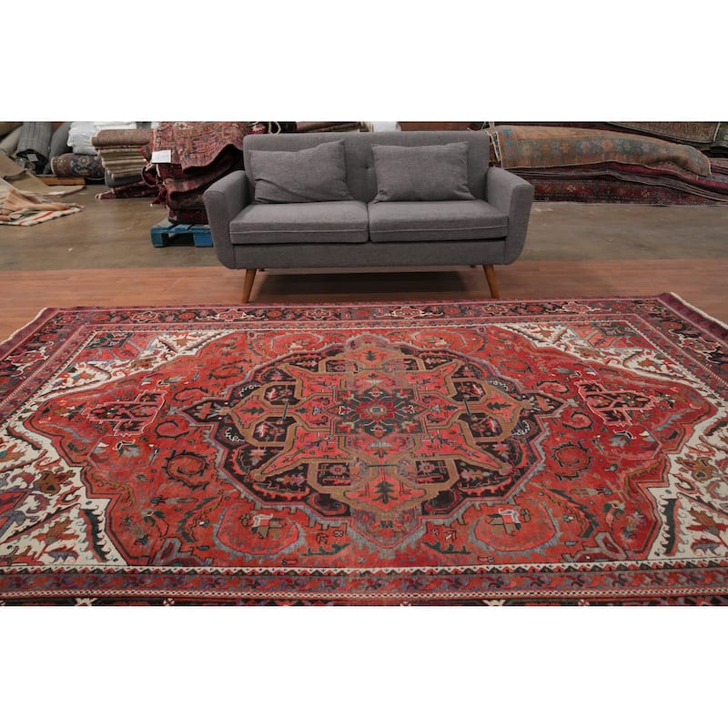 Hand Knotted Oriental 100% Wool Carpet Traditional Floral Red Heriz Area Rug - 10' 11'' X 7' 6''