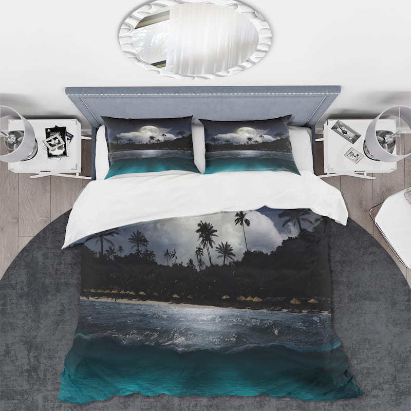 Designart 'Fishing Boat Under Tropical Full Moon' Modern Duvet Cover Set