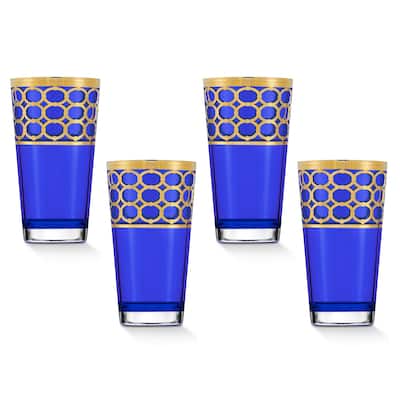 Lorren Home Trends Cobalt Blue High Ball with Gold Rings, Set of 4
