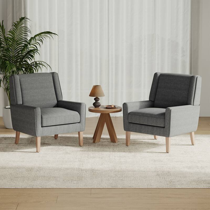 Mid-Century Linen Wing Chair - Tailored Channel Tufting & Walnut Tapered Legs, Compact Accent for Reading Nooks - Set of 2 - Grey