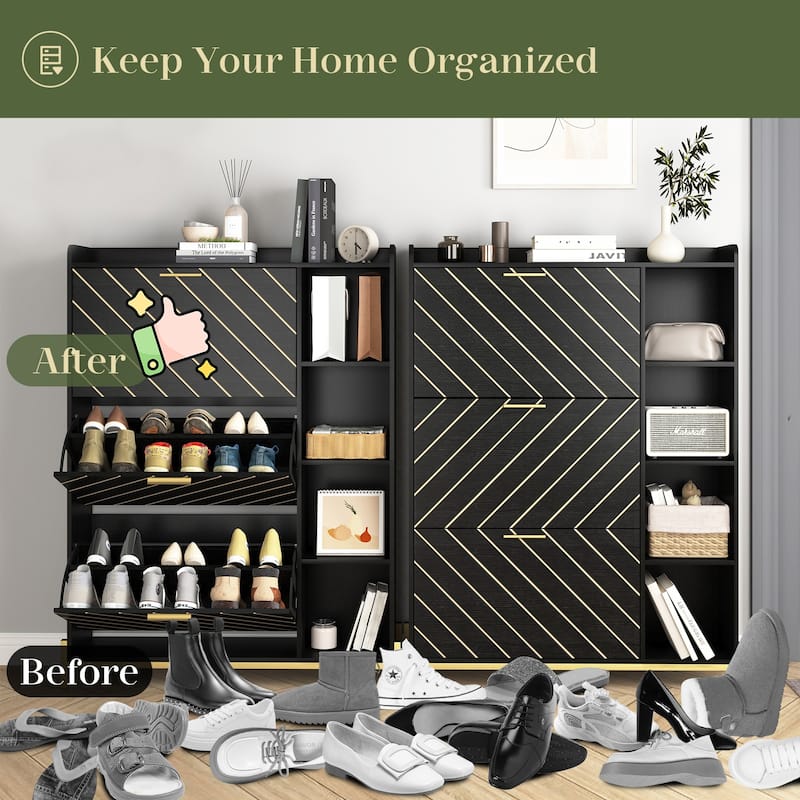 Slim Freestanding Shoe Cabinet with 3 Flip Drawers & Open Shelves, Narrow Entryway Shoe Storage Organizer Wood Hidden Shoe Rack