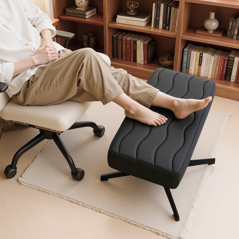 Javlergo Black PU Leather Footstool Adjustable Height 360 Rotating Footstool 3.9" Thick Cushion for Office and Home Use