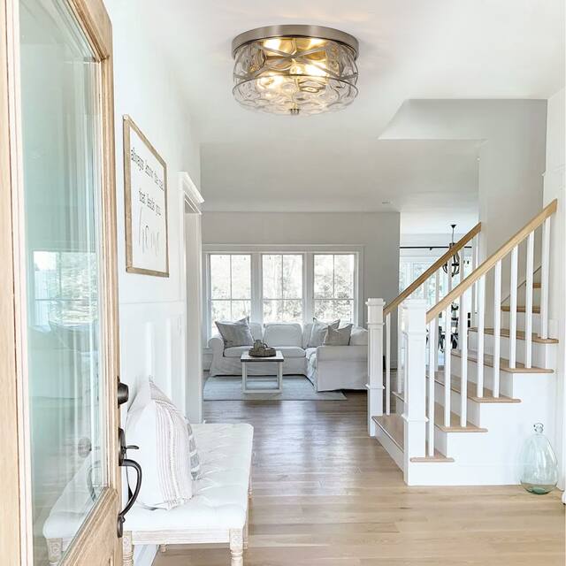 2-Light Flush Mount Glass Ceiling Light with Metal Frame - N/A