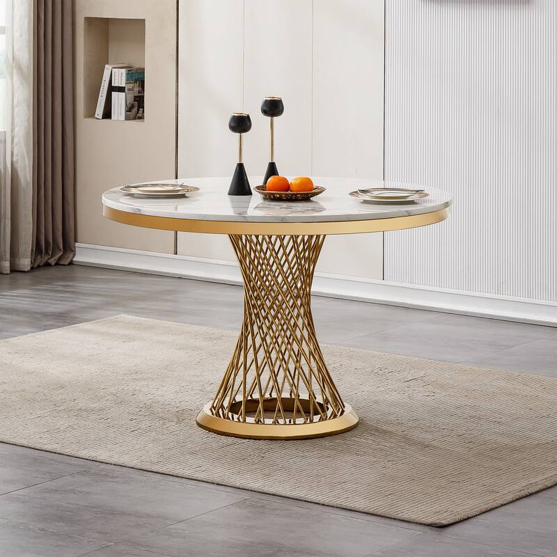 47" Round Dining Table with Faux Marble Tabletop and Stainless Steel Base - Gold+White