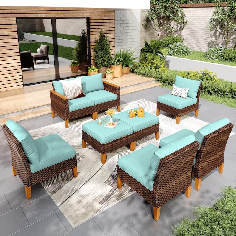 9-Piece Outdoor Wicker Sectional Sofa Patio Furniture Luxury Conversation Set, Beige Cushion - 8- Seat - Type C