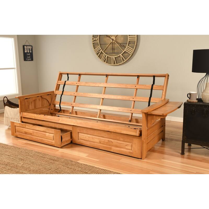 Somette Phoenix Queen-size Storage Futon Set in Butternut Finish with Linen Mattress