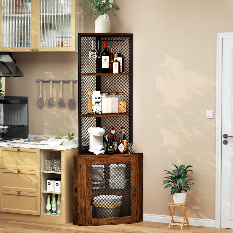 Corner Shelf with Doors, 65" Corner Cabinet with Shelves & Wine Glass Rack, 6 Tier Bookshelf Display Corner Shelves