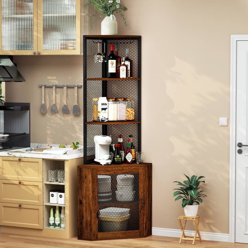 Industrial Corner Cabinet with Power Outlets - Wine Glass Rack and Mesh Door Storage for Home Bar