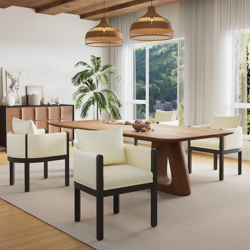 Christopher Knight Home - Callahan Linen Upholstered Dining Chair with Armrests - 4 Piece - White+Black