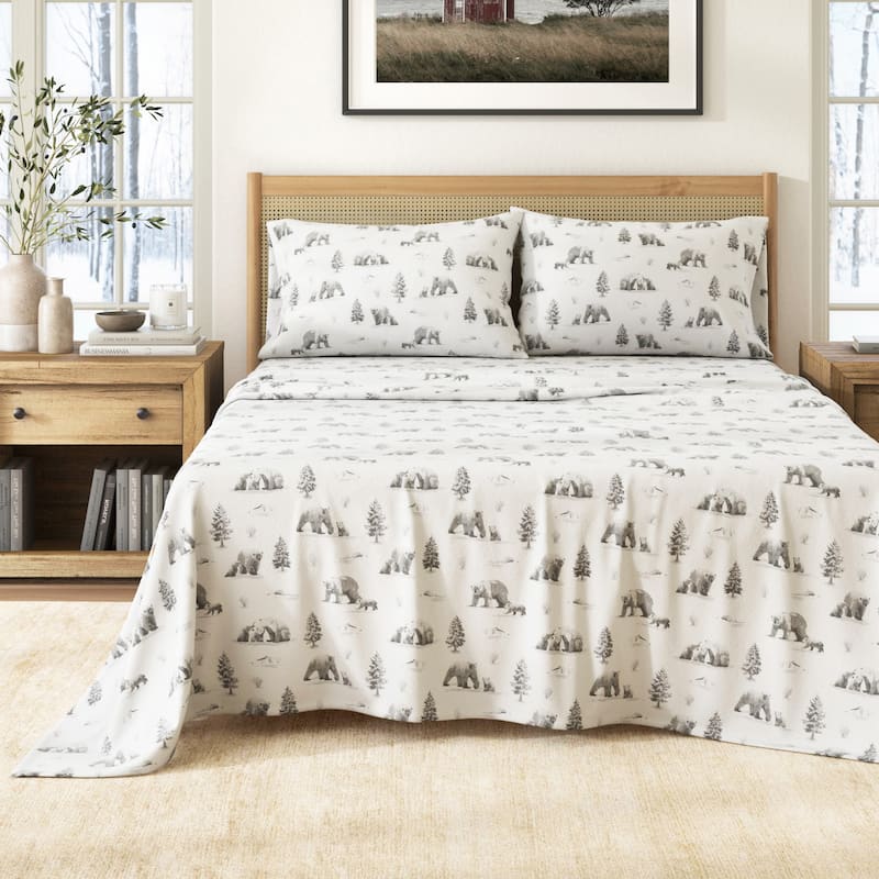 Linery & Co. Winter Turkish Cotton Double-Brushed Flannel Bed Sheet Set - Queen - North Pole Polar Bears