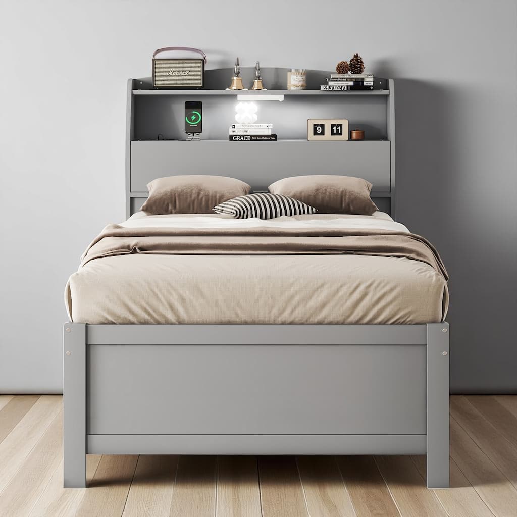 Wooden Twin/Full Platform Bed with Trundle, Flip-Up Headboard Storage, LED & USB Ports, Drawers
