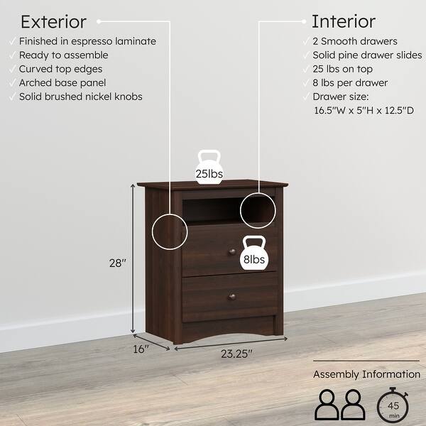 dimension image slide 2 of 3, Prepac Fremont 2 Drawer Nightstand: Elegant Bedroom Furniture, Bedside Table with Open Shelf, Espresso