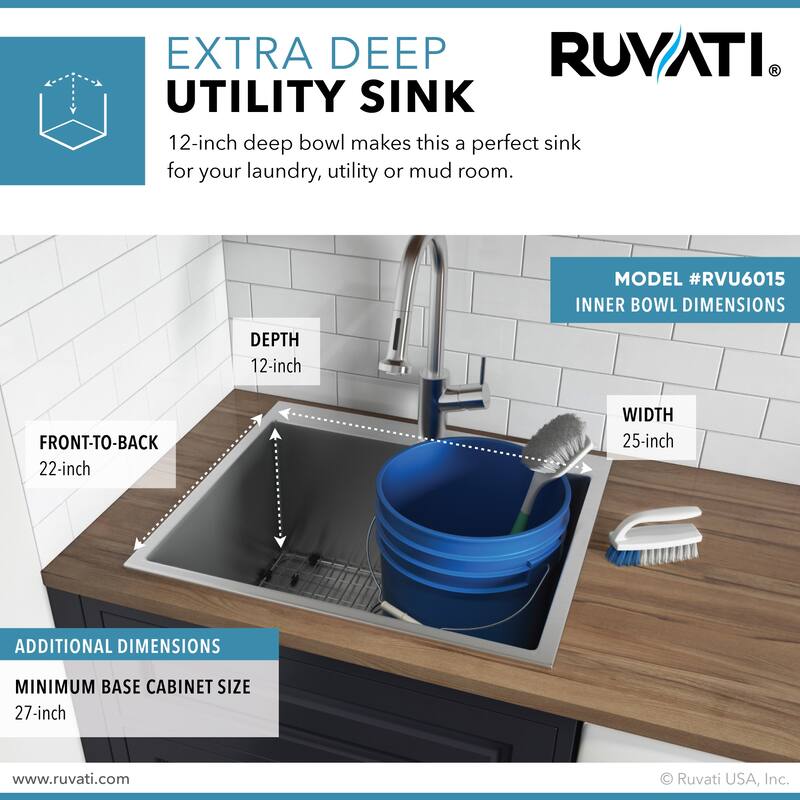 Ruvati Topmount Laundry Utility Sink 25" x 22" x 12" Tight Radius Deep 16 Gauge Stainless Steel - RVU6015
