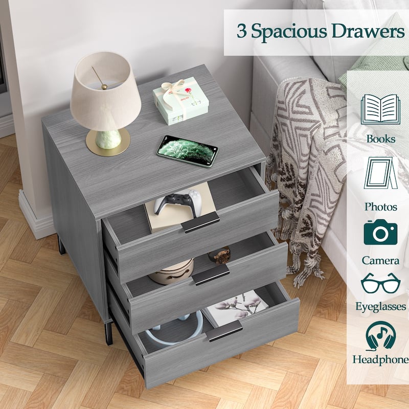 Anmytek Modern 3-Drawer Wood Nightstand Bedside Table End Table for Bedroom