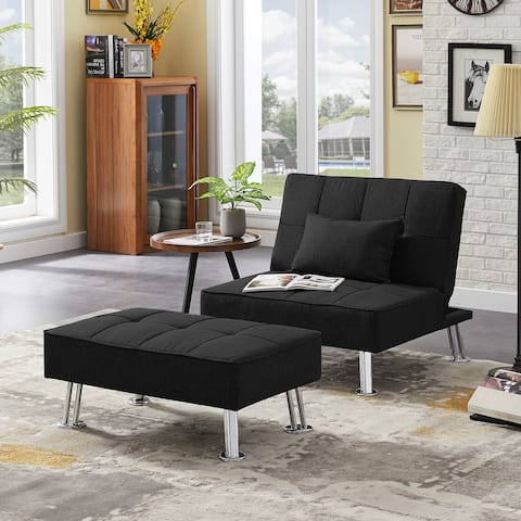Modern Fabric Single Sofa Bed with Ottoman, Convertible Folding Futon Sofa Chair, Lounge Chair Set with Metal Legs