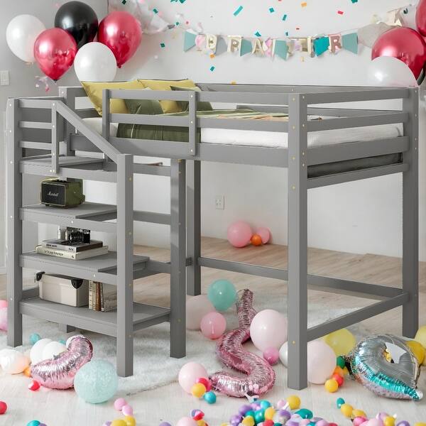 slide 2 of 32, Full Size Loft Bed With Built-in Storage Staircase,Hanger,Shelves for Home Grey