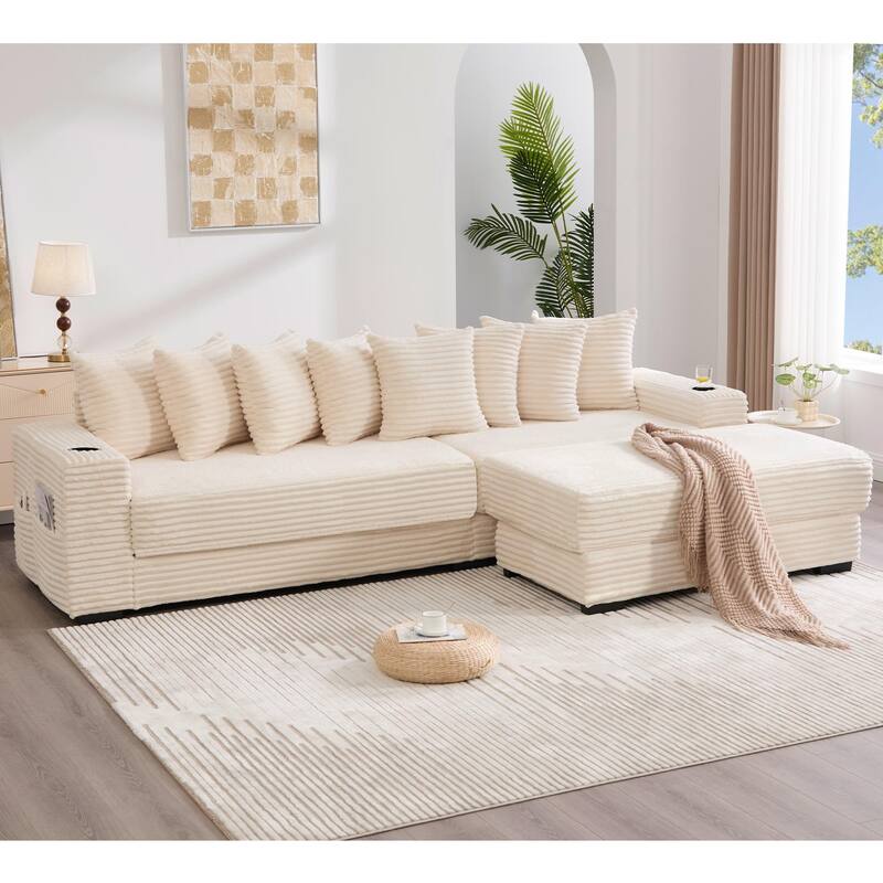 110.75" Corduroy Sectional Sofa, Convertible Sleeper Sofa Bed L-Shaped Upholstered Couch with Removable Footstool, Cup Holder