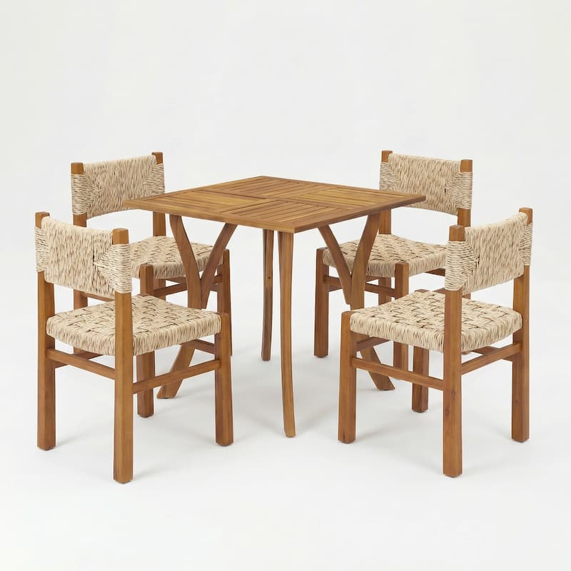 Christopher Knight Home - 5-Piece Acacia Wood Outdoor Square Dining Table Set with Wicker Woven Dining Chairs