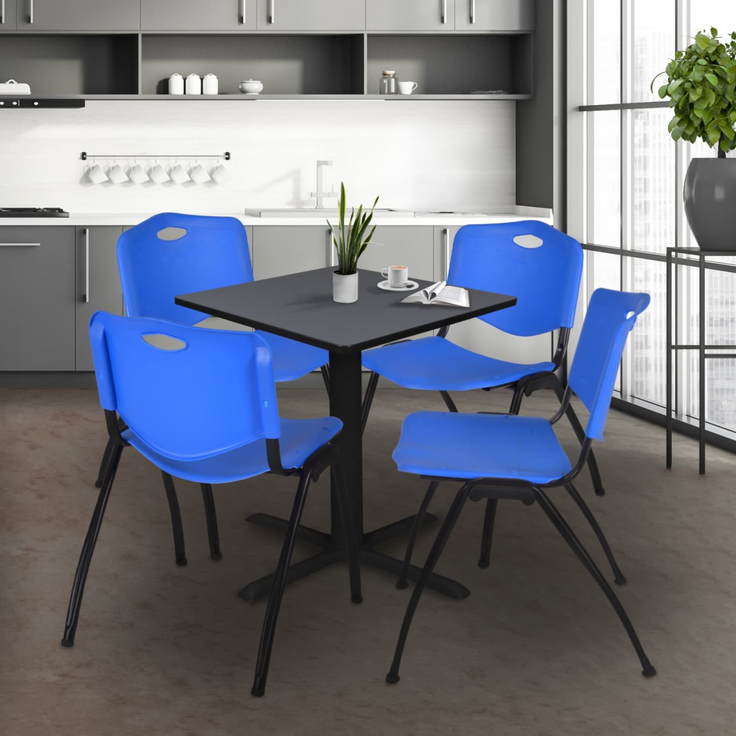 30" Square Breakroom Table- Grey & 4 'M' Stack Chairs- Blue - Blue, Grey - 30