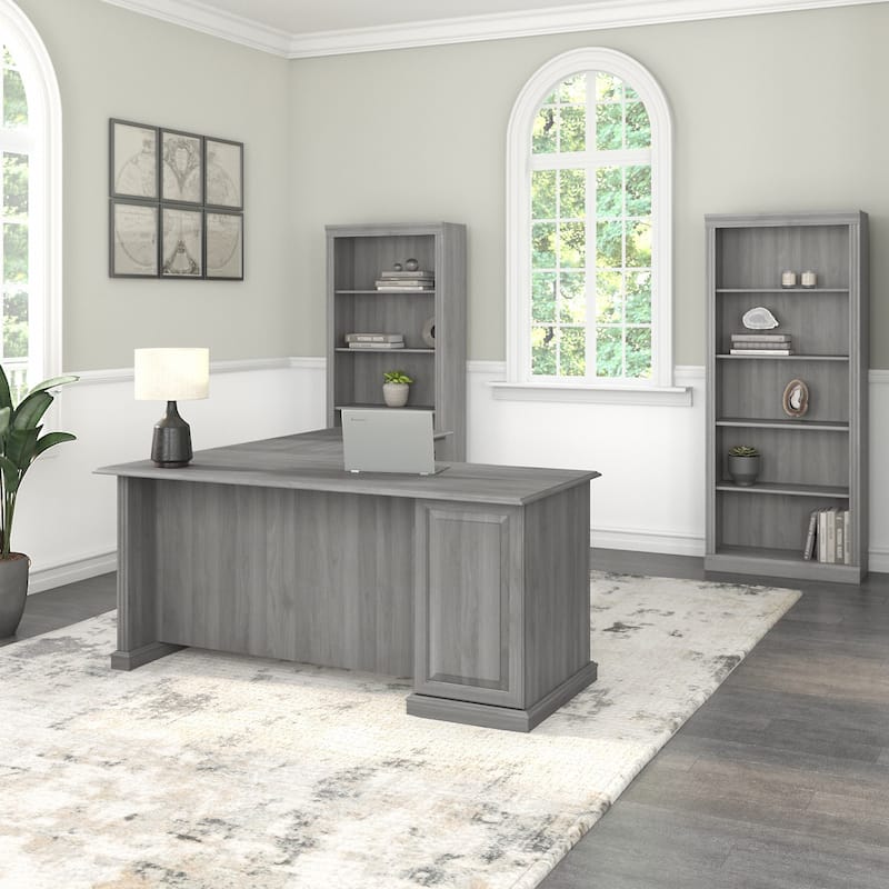 Saratoga L Shaped Computer Desk and Bookcase Set by Bush Furniture - Modern Gray