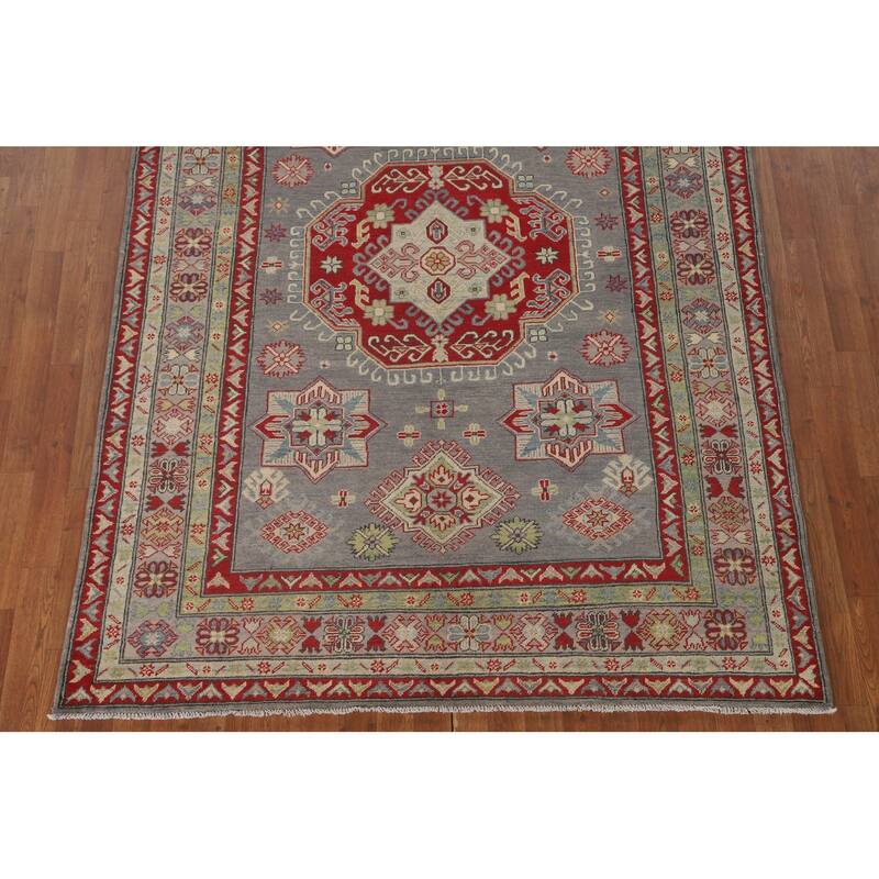 Gray Geometric Kazak Oriental Area Rug Handmade Wool Carpet - 5'7" x 7'11"