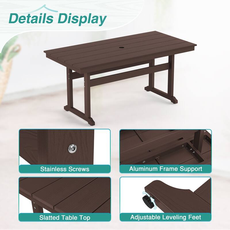 A 66.1-inch HDPS Outdoor Rectangular Table With Umbrella Holes - 32.7" W x 66.1" L x 30.1" H