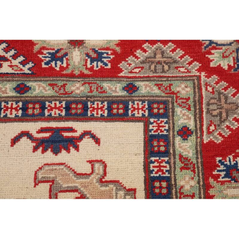 Kazak Oriental Area Rug Hand-Knotted Beige Geometric Wool Carpet - 5'1" x 6'7"
