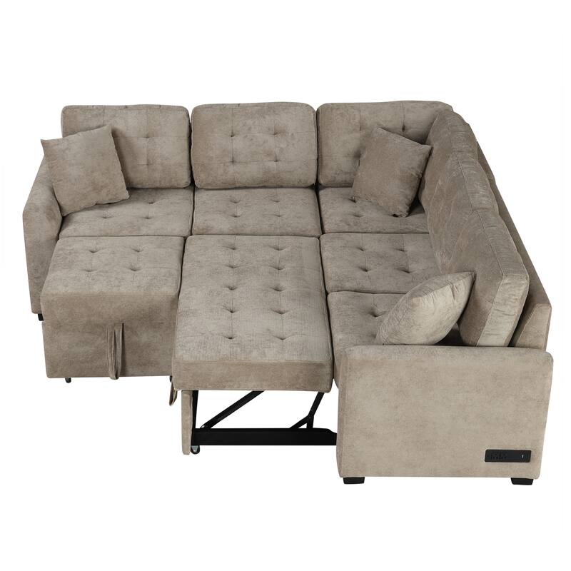 Khaki L-Shape Sofa Bed with Pull-Out Sleeper, USB Ports, Power Sockets