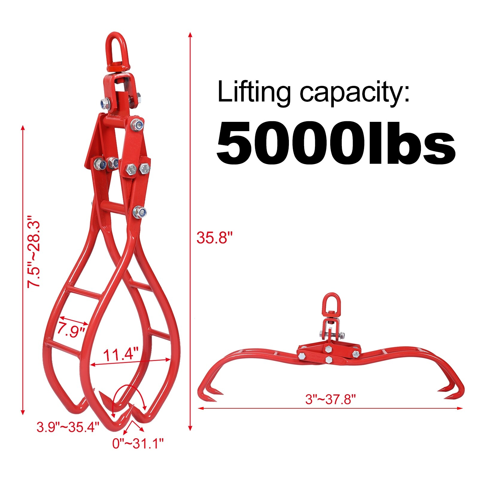 32 in. Red Carbon Steel Log Tongs Heavy Duty Grapple Timber Claw