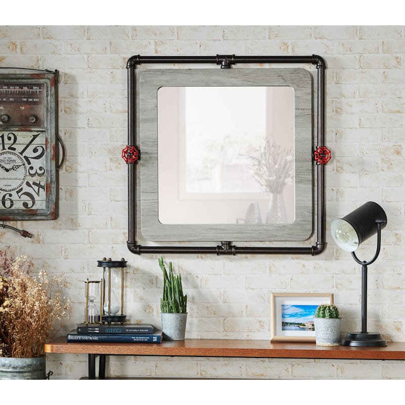DH BASIC Industrial Pipe and Water Valve Accent Wall Mirror by Denhour - Small - Vintage White Oak