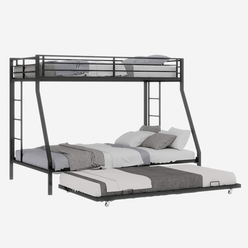 Modern Square Tube Bunk Bed with Ladder and Rolling Trundle Bed