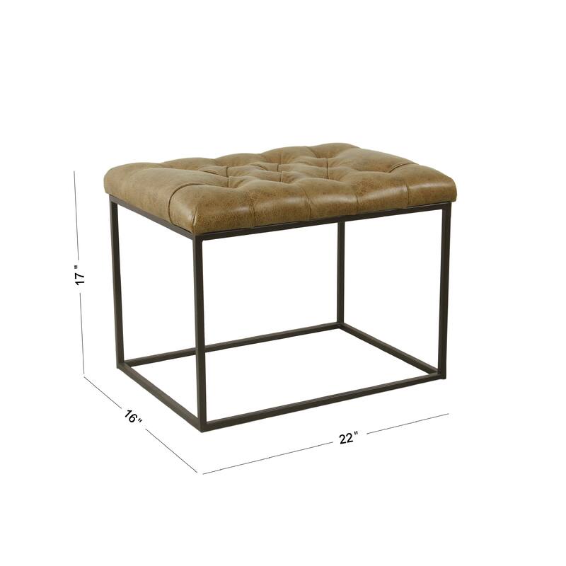 Ottoman Footstool, Black Metal, Brown Tufted Faux Leather 22 Inch
