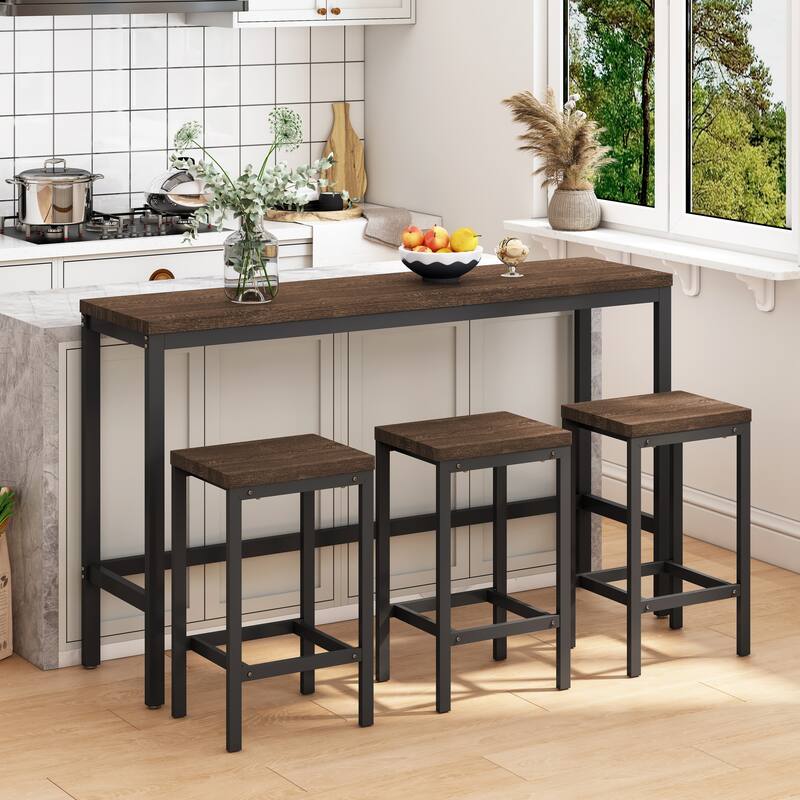 Modern Kitchen Pub Table, Long Dining Table Set with 3 Stools
