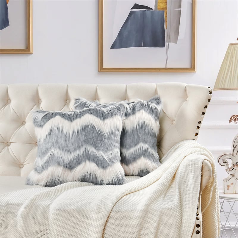 Chevron Shaggy Lamb FauxFur Pillow Cover (Set of 2), NO INSERT - Grey