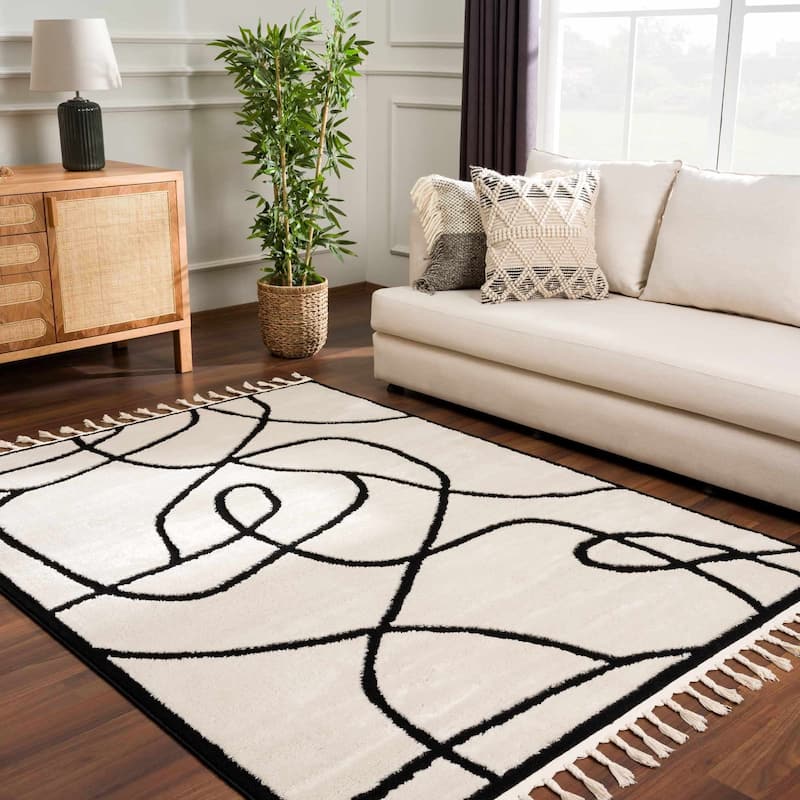 Hauteloom Azana Living Room, Bedroom Area Rug - Farmhouse - High Pile - Bone,Black - 5'3" x 7'
