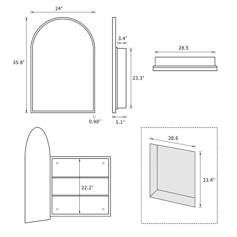 Arched Bathroom Medicine Cabinet with Mirror Wooden Framed Wall Mounted Recessed Cabinets for Bathroom Vanity