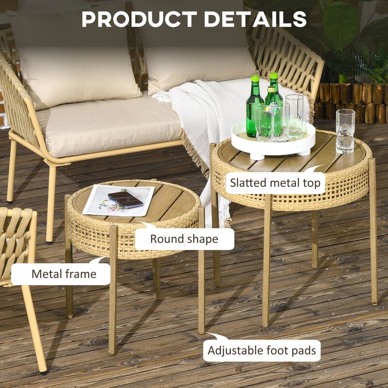 Outsunny 2 Pieces Wicker Patio Table Set, PE Rattan End Table Set, Outdoor Round Coffee Table Sets, Multi-functional, Slatted