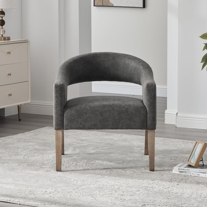 Modern Upholstered PU Open Back Accent Armchair Barrel Dining Chair with Weathered Rubberwood Legs, Hollow-Out Side Club Chair