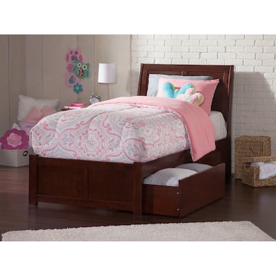 Portland Twin XL Platform Bed with Footboard and 2 Drawers in Walnut