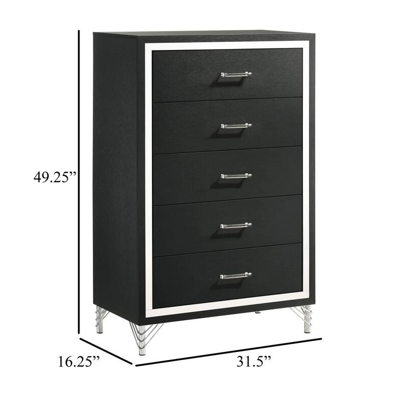 Jenny Tall Dresser Chest, 5 Drawers and Chrome Accents, Modern Black