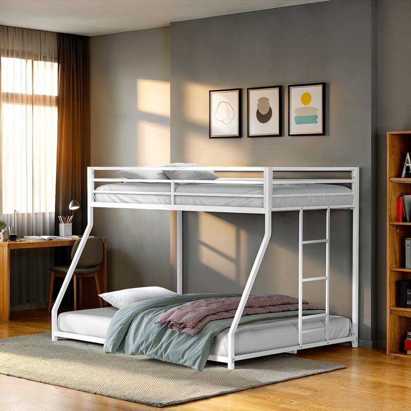 Metal Low Bunk Bed with Attached Ladder, Matte White Finish, Mattress Ready, Full Metal Construction