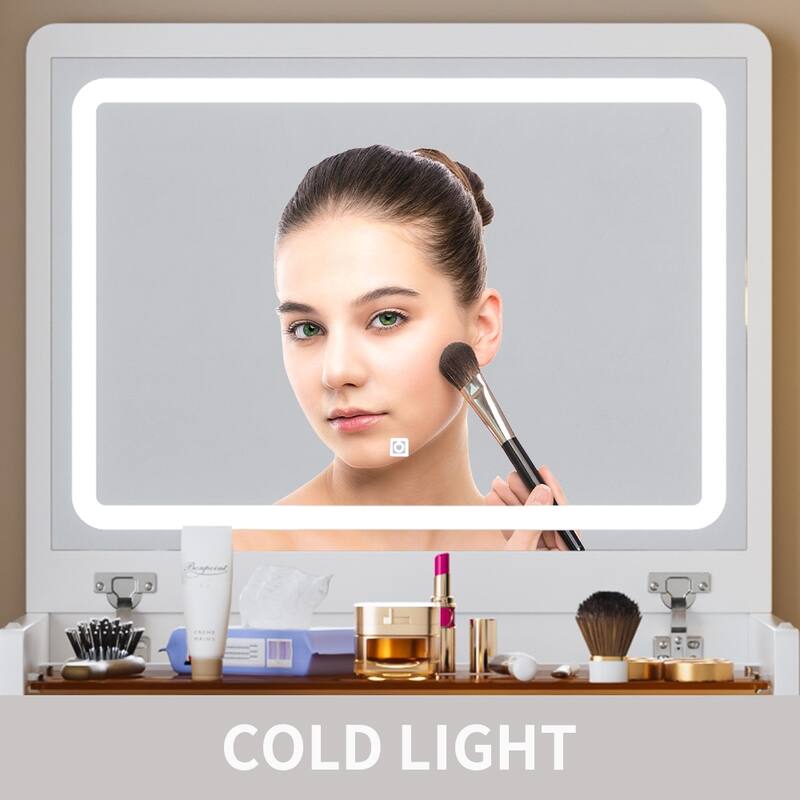 Compact Make-up Vanity Set with Visible Glass Desktop & Mirror, 3 in 1 Dressing Table Desk with Stool & Charging Station