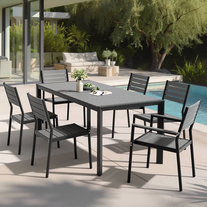 Set of 7 Outdoor Patio Dining Set WoodLike Table Top Aluminum Rectangular Umbrella Hole Table with Stackable Chairs Set - Grey